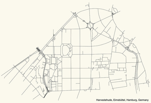 Black simple detailed street roads map on vintage beige background of the neighbourhood Harvestehude quarter of the Eimsbüttel borough (bezirk) of the Free and Hanseatic City of Hamburg, Germany