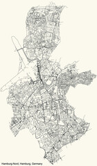 Black simple detailed street roads map on vintage beige background of the neighbourhood Hamburg-Nord borough (bezirk) of the Free and Hanseatic City of Hamburg, Germany