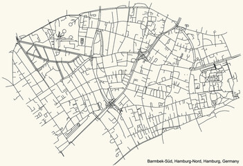 Black simple detailed street roads map on vintage beige background of the neighbourhood Barmbek-Süd quarter of the Hamburg-Nord borough (bezirk) of the Free and Hanseatic City of Hamburg, Germany