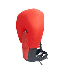 Side view of red inflated avalanche airbag backpack isolated on white background