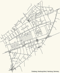 Black simple detailed street roads map on vintage beige background of the neighbourhood Dulsberg quarter of the Hamburg-Nord borough (bezirk) of the Free and Hanseatic City of Hamburg, Germany