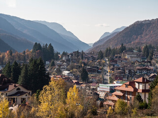 Fototapeta premium Panoramic view of Krasnaya Polyana village in mountains. Famous place in Sochi, Russia