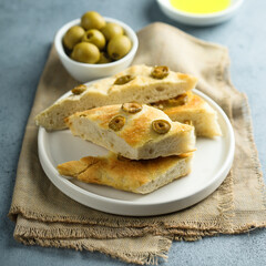 Traditional homemade focaccia bread with olives