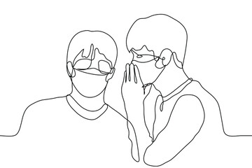two men in medical protective masks are whispering. one line drawing male colleagues gossiping.