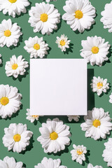White daisy flowers on green background with white paper card note. Bright light, copy space.