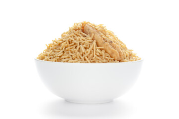 Indian spicy snacks (Namkeen) - Bikaneri Besan Bhujia in a white Ceramic bowl, made with chickpea flour (Besan), Front view, against the white background.