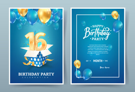 16th years birthday vector invitation double card. Sixteen years anniversary celebration brochure. Template of invitational for print on blue background