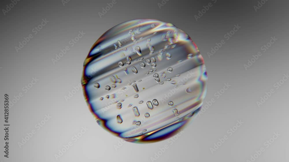 Poster 3d render of crystal bubble with small bubbles in. deformed transparent refractive sphere. loop anim