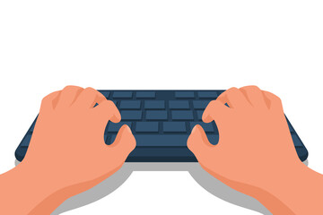 Hands on the keyboard. Search on the Internet. Template for design. Desk office worker. Vector illustration flat design. Isolated on white background.