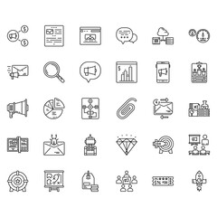 internet marketing, business promotion, advertisement icon set design. perfect to logo, presentation, print, environment, application, and more product. vector icon set design line style