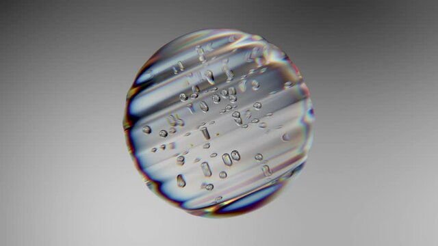 
3d render of crystal bubble with small bubbles in. Deformed transparent refractive sphere. Loop animation of morphing.