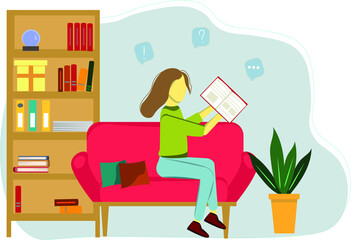 girl, woman sitting on the sofa and reading a book, flat illustration, vector illustration