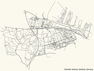 Black simple detailed street roads map on vintage beige background of the neighbourhood Heimfeld quarter of the Harburg borough (bezirk) of the Free and Hanseatic City of Hamburg, Germany