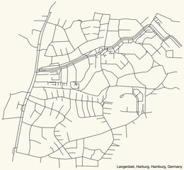 Black simple detailed street roads map on vintage beige background of the neighbourhood Langenbek quarter of the Harburg borough (bezirk) of the Free and Hanseatic City of Hamburg, Germany