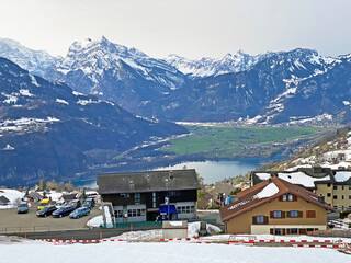 View of the settlement of Amden above the Lake Walen or Lake Walenstadt (Walensee) and the fertile...
