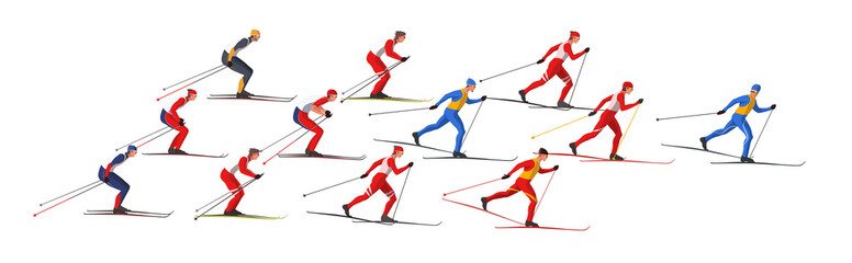 Skiers in sportswear are skiing classic style. Athletes participate in winter sports competition. The leader of pelothon tries to win a sprint race.Vector flat design web banner illustration