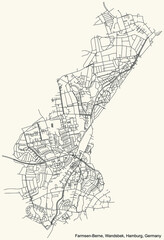 Black simple detailed street roads map on vintage beige background of the neighbourhood Farmsen-Berne quarter of the Wandsbek borough (bezirk) of the Free and Hanseatic City of Hamburg, Germany