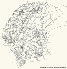 Black simple detailed street roads map on vintage beige background of the neighbourhood Rahlstedt quarter of the Wandsbek borough (bezirk) of the Free and Hanseatic City of Hamburg, Germany