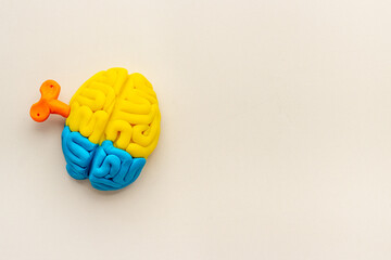 Brains on winding. Brain charging concept. Model made of clay with key, top view