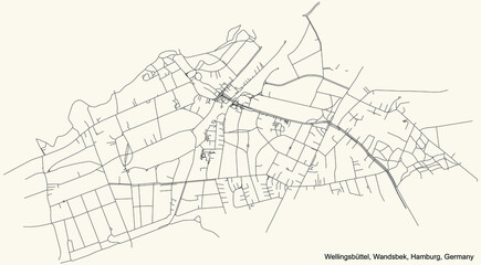Black simple detailed street roads map on vintage beige background of the neighbourhood Wellingsbüttel quarter of the Wandsbek borough (bezirk) of the Free and Hanseatic City of Hamburg, Germany