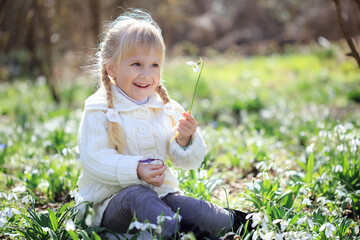 A beautiful girl is sitting on a flower meadow snowdrops. Beautiful little girl in a knitted white sweater walks in the spring in the forest.