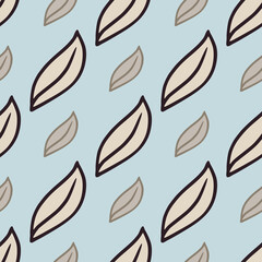 Fototapeta premium Hand drawn abstract seamless nature pattern in blue and beige tones with simple doodle leaf shapes print.