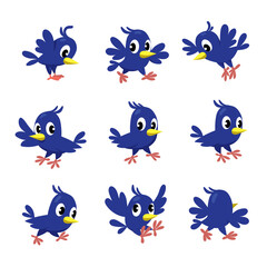 Funny blue bird cartoon set. Illustration for kids