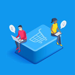 isometric vector image on blue background, button with grocery basket icon, people shop online, shopping button