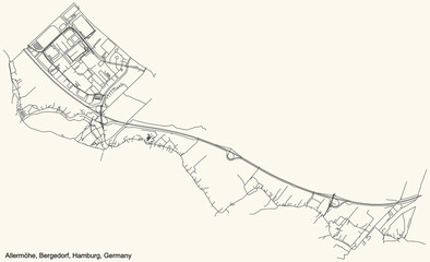Black simple detailed street roads map on vintage beige background of the neighbourhood Allermöhe quarter of the Bergedorf borough (bezirk) of the Free and Hanseatic City of Hamburg, Germany