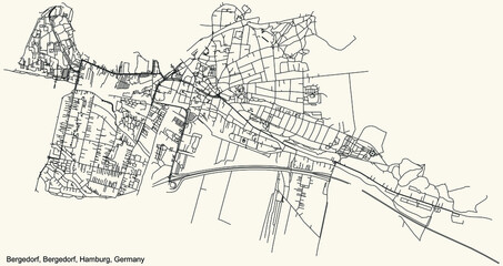 Black simple detailed street roads map on vintage beige background of the neighbourhood Bergedorf quarter of the Bergedorf borough (bezirk) of the Free and Hanseatic City of Hamburg, Germany