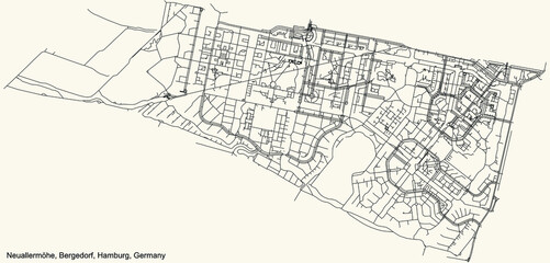 Black simple detailed street roads map on vintage beige background of the neighbourhood Neuallermöhe quarter of the Bergedorf borough (bezirk) of the Free and Hanseatic City of Hamburg, Germany