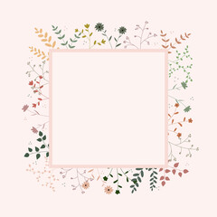 Fototapeta na wymiar Minimalistic vector with plants and flowers all around an square