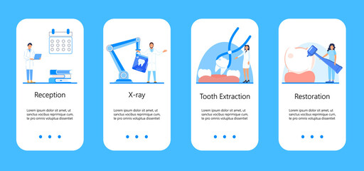 Dental services vector concept for app, social stories. Tiny dentists make x-ray scan of teeth. Whiten enamel or recovery implant concept.