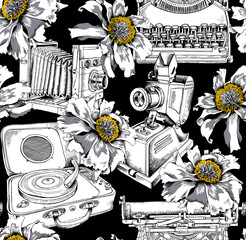 Seamless pattern with a Vintage Camera, Typewriter, Gramophone, Slide projector and peony flowers on a black background. Wallpaper, Textil, hand drawn style print. Vector illustration.