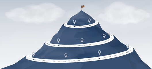 Single mountain peak with cloud and flag. Route climbing to the top of mountain.