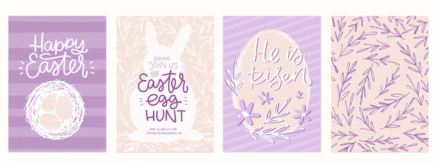 Easter vector greeting card for kid, egg hunting party invitation, leaf background set. Christian celebration illustration in blush pink, soft purple and lilac pastel feminine colours.
