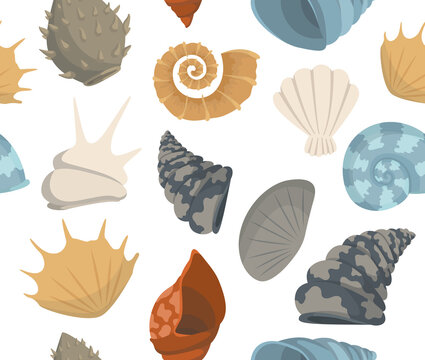 Trendy summer texture concept with sea shells seamless pattern. Travel marine background. Perfect for greetings, invitations, manufacture wrapping paper, textile and web design