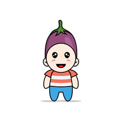 Cute boy character wearing eggplant costume.