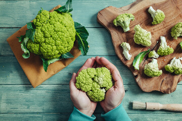 Raw fresh green cauliflower from Puglia