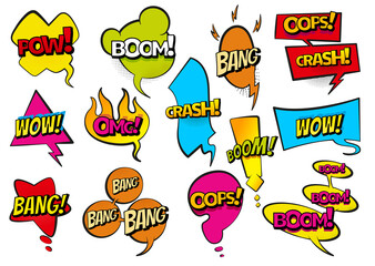 Comic colored hand drawn speech bubbles. Set retro cartoon stickers. Funny design  items illustration. Comic text WOW, boom, bang collection sound effects in pop art style