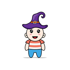 Cute boy character wearing witch hat.