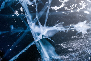 Blue ice of Lake Baikal. Ice texture with abstract cracks. 