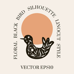 Fototapeta na wymiar FLoral black bird silhouette. Vector scandinvian design