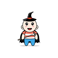 Cute boy character wearing witch costume.