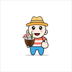 Cute boy character holding a coconut ice.