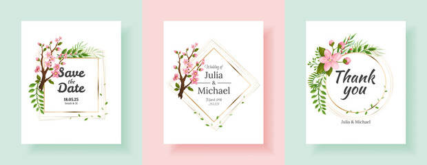 Set of sakura flowers backgrounds. Floral wedding invitation cards template design. Holiday invitation, greeting cards and fashion design