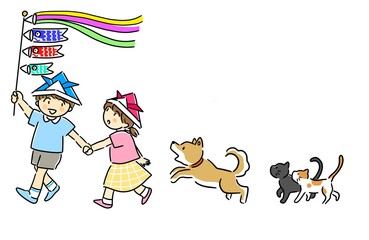 鯉のぼりを持って歩く男の子と女の子と犬と猫