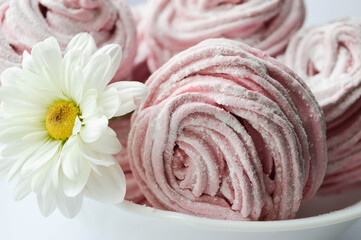 Homemade zephyr or marshmallow in white plate with flower chamomile on white background....