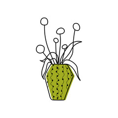 The cute green vase with bouquet. Decorative bouquet whith Craspedia. Vector doodle vase whith flowers.