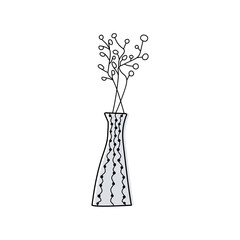 The cute grey vase with bunch branches. Decorative branches in vase. Vector doodle vase. Flat illustration